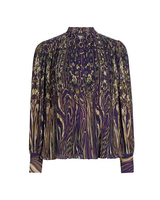 Tahari Black Abbey Pleated Abstract Chiffon Blouse