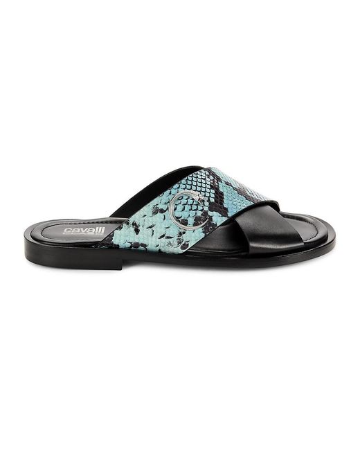 Class Roberto Cavalli Black Python Embossed Leather Crossover Sandals for men