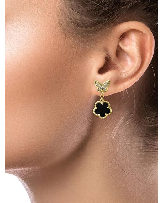CZ by Kenneth Jay Lane White Look Of Real 14k Goldplated, Cubic Zirconia & Faux Onyx Butterfly Clover Drop Earrings