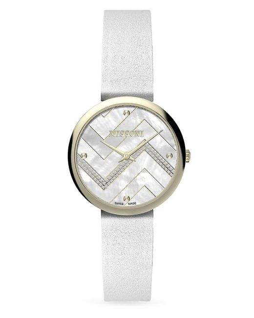 Missoni Metallic M1 34mm Stainless Steel, Mother Of Pearl, Diamond & Leather Strap Watch