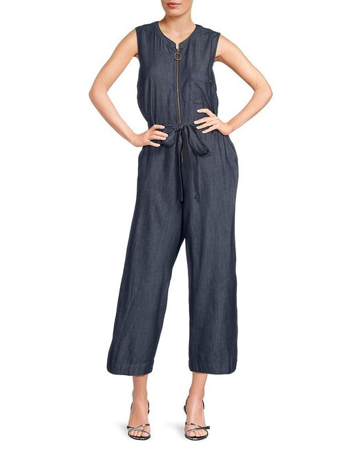 Tommy Hilfiger Blue Utility Zip Self-Tie Chambray Cropped Wide-Leg Jumpsuit