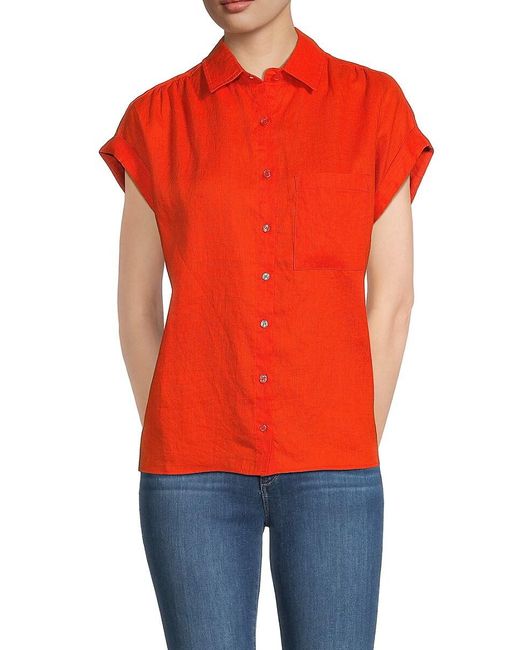 Saks Fifth Avenue Orange 100% Linen Cap Sleeve Shirt