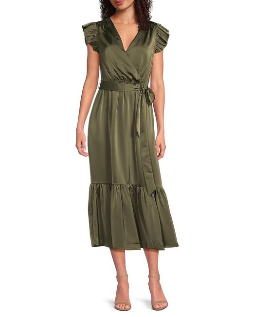 Sam Edelman Green Fluid Satin V-Neck Midi-Dress