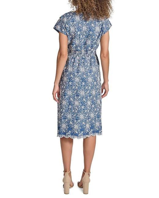 Kensie Blue Faux-wrap Embroidered Chambray Midi-dress