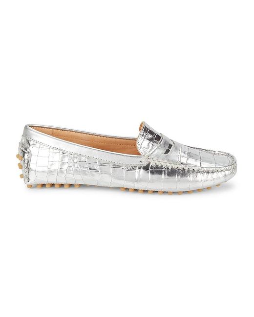 Saks Fifth Avenue White Saks Fifth Avenue Croc Embossed Leather Penny Driving Loafers