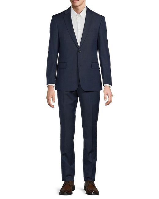 Saks Fifth Avenue Blue Modern Fit Mini-Check Wool-Blend Suit for men