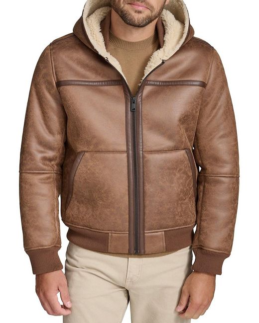 Andrew Marc Distressed Faux Shearling Hooded Jacket in Brown for Men Lyst