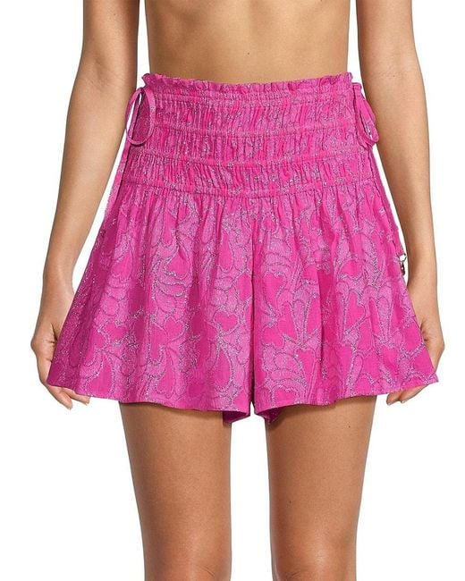 MILLY Pink Wendy Heart Cotton-Blend Jacquard Smocked Shorts