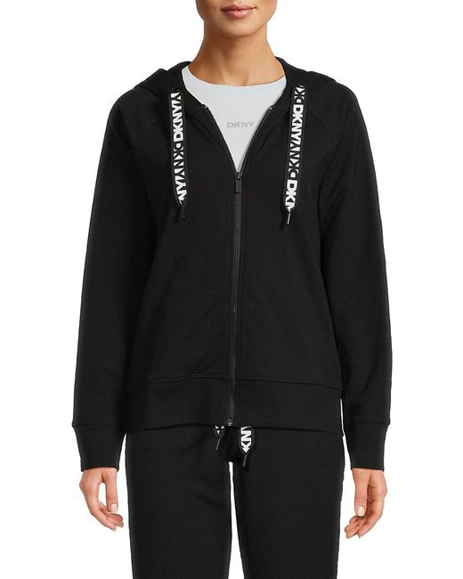 DKNY White Logo Drawstring Zip Hoodie