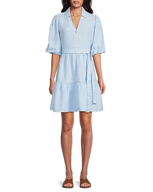 Saks Fifth Avenue Blue Belted 100% Linen Mini Dress