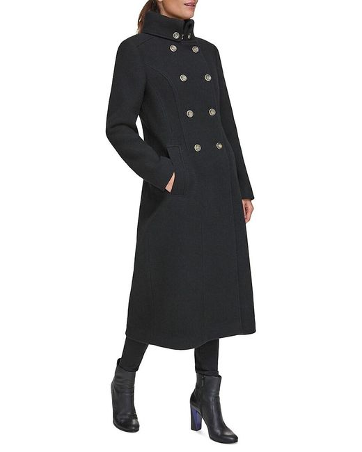 Guess Black Stand Collar Double Breasted Wool Blend Coat