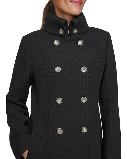 Guess Black Stand Collar Double Breasted Wool Blend Coat