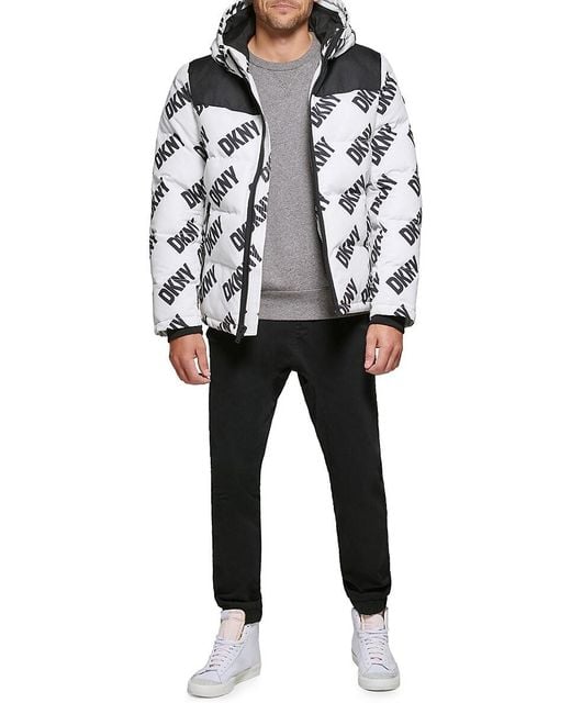 DKNY White Classic Fit Logo Hooded Puffer Jacket for men