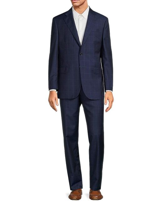 Saks Fifth Avenue Blue Classic Fit Windowpane Check Wool Suit for men