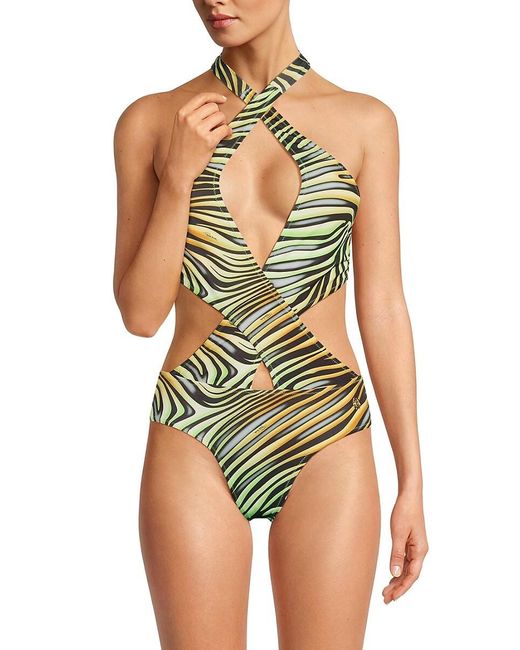Roberto Cavalli Green Zebra Print Cutout One-piece Swimsuit