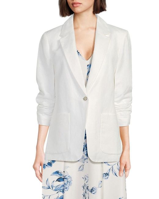Calvin Klein White Ruched Sleeve Linen-Blend Blazer