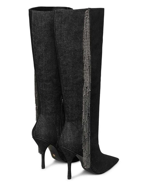 Stuart Weitzman Black Crystal Fringe Denim Stiletto Boots