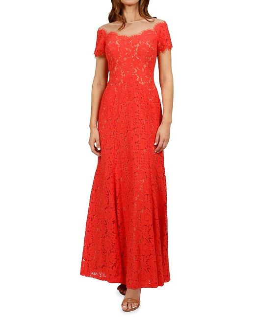 Rene Ruiz Red Illusion Lace A-Line Gown