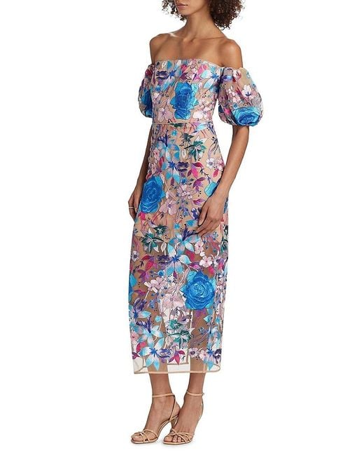 MILLY Blue Nira Floral Embroidered Off-The-Shoulder Midi-Dress