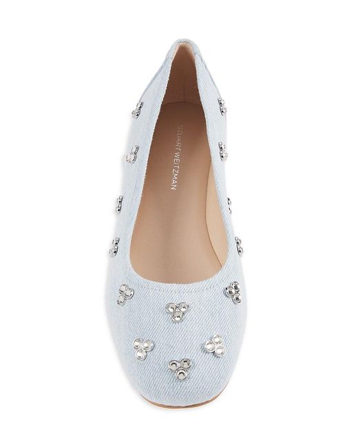 Stuart Weitzman White Tammy Denim Crystal Embellished Ballet Flats