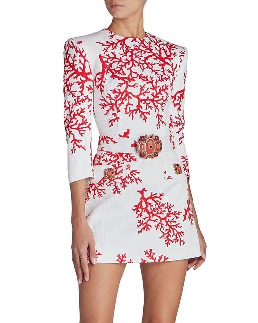 Andrew Gn Red Belted Coral Print & Stone-embellished Dress