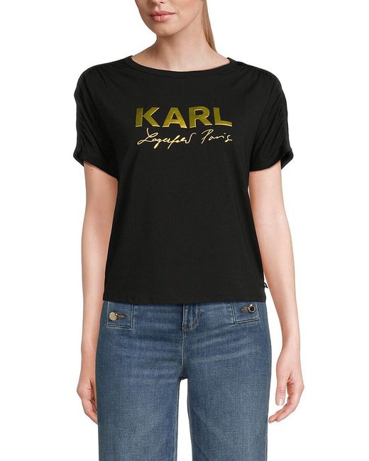 Karl Lagerfeld White Ruched Metallic Logo Tee