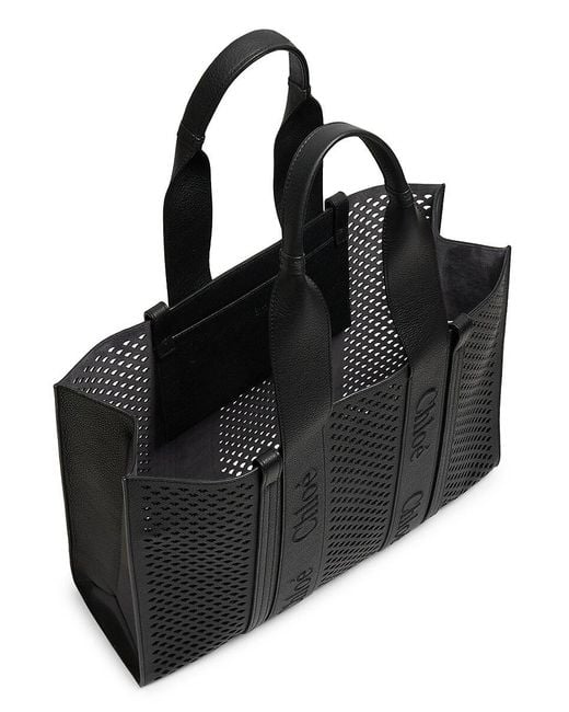 Chloé Black Large Woody Scalloped Leather Tote Bag