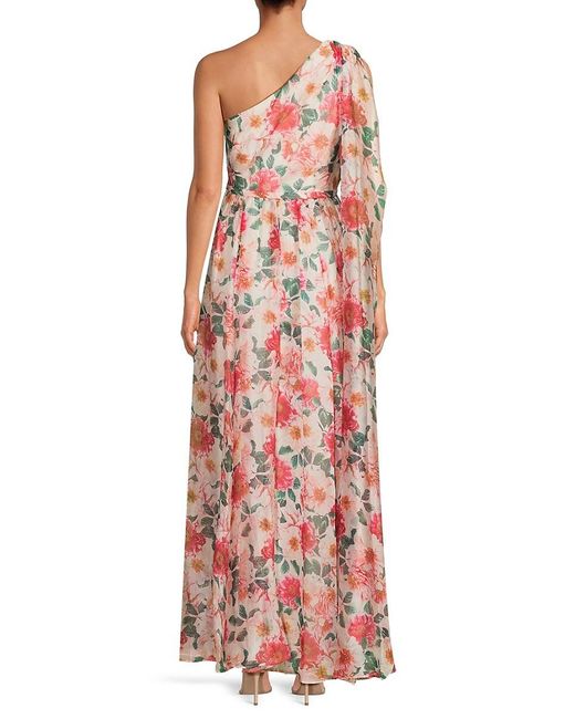 Mikael Aghal Red Floral One-shoulder Gown