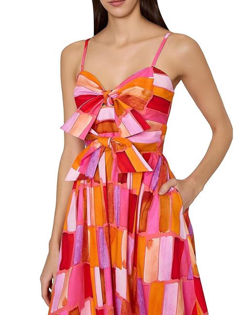 MILLY Red Natasha Printed Stretch Cotton Poplin Midi-Dress