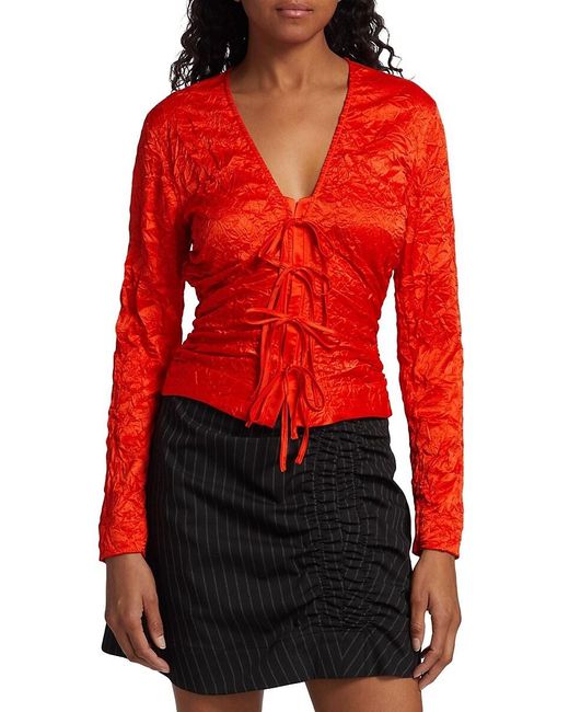 Ganni Red Crinkled Satin Te Front Top