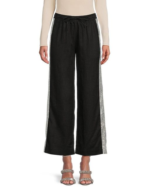 Saks Fifth Avenue Black Sequin Trim 100% Linen Pants