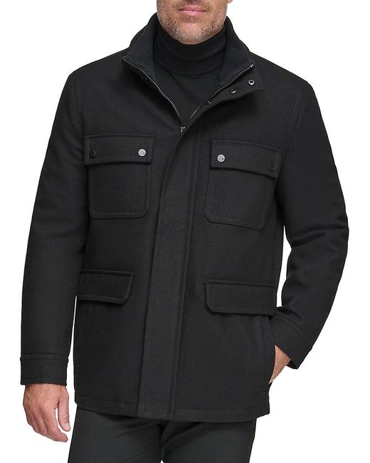 Andrew Marc Black Dunbar Military Melton Wool Coat for men