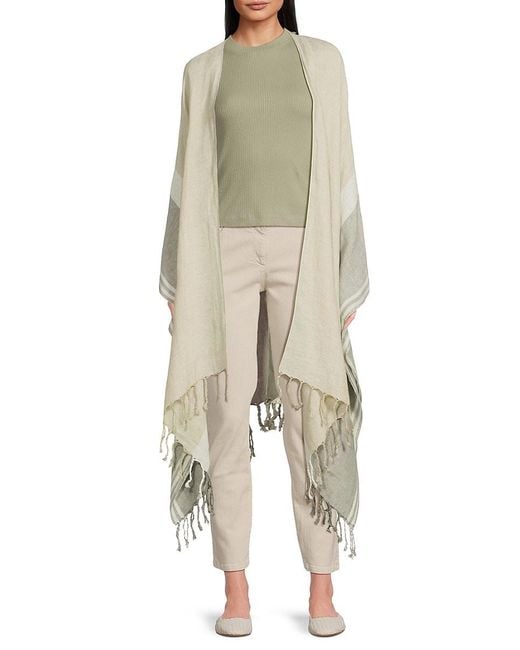 Brunello Cucinelli Natural Striped Linen Fringe Poncho