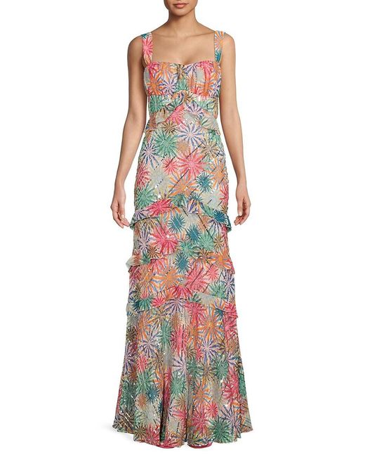 Saloni White Whirlpool Sequin Floral Maxi Dress