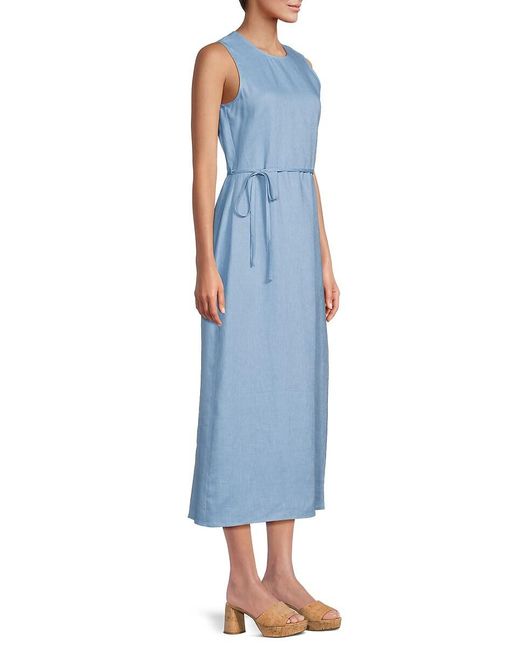Saks Fifth Avenue White Belted 100% Linen A-Line Midi-Dress