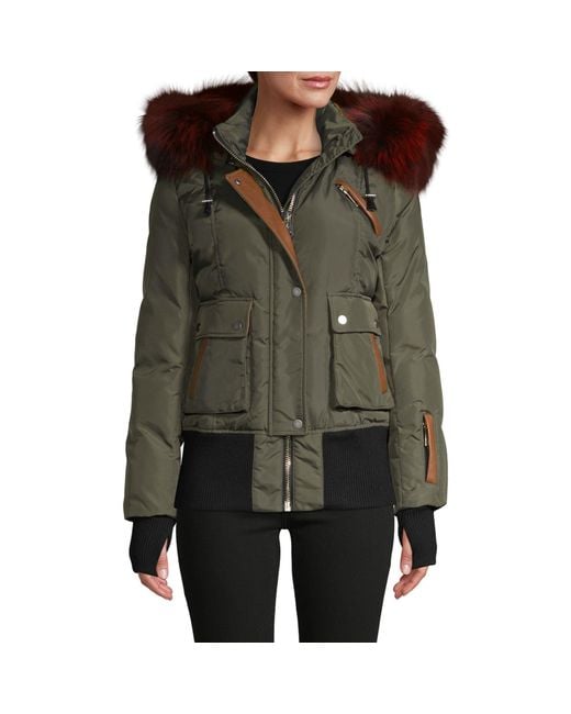 Nicole Benisti Green Fordham Fox & Rabbit Fur Quilted Down Bomber Jacket