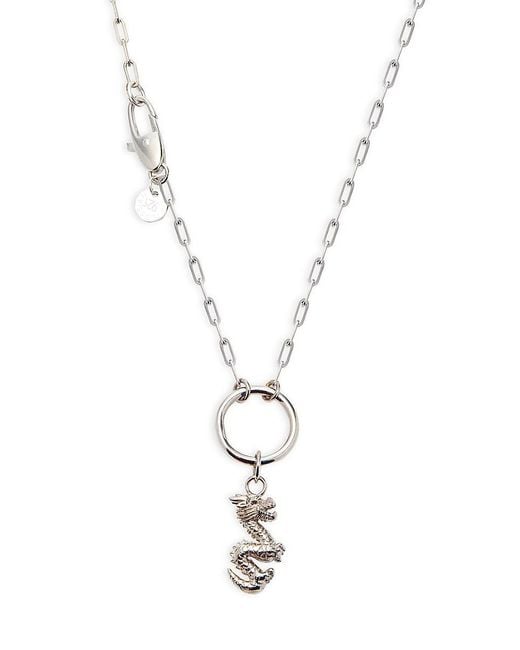 Tateossian Metallic Rhodium Plated Sterling Silver Dragon Pendant Necklace for men