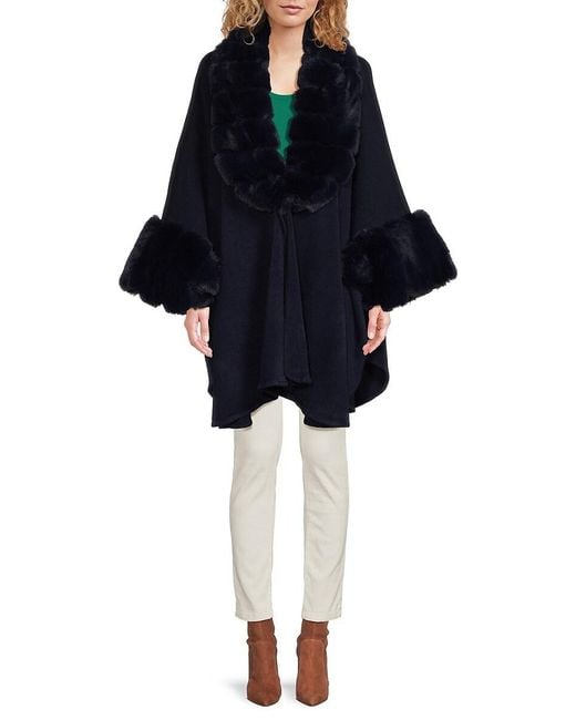 Saks Fifth Avenue Black Faux Fur Trim Asymmetric Ruana