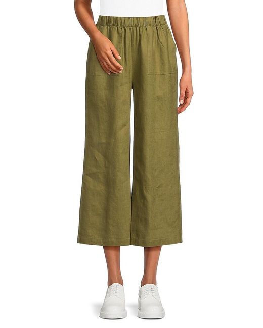 Saks Fifth Avenue Green 100% Linen Cropped Wide Leg Pants