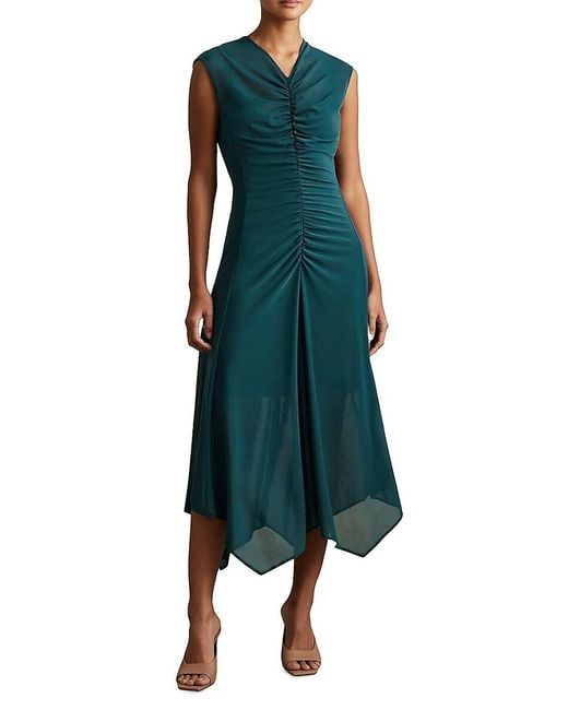Reiss Green Lyra Ruched Mesh Midi-Dress