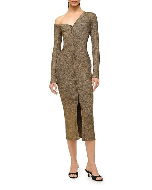Staud Natural Craftsman Metallic Rib-Knit Asymmetric Sweaterdress