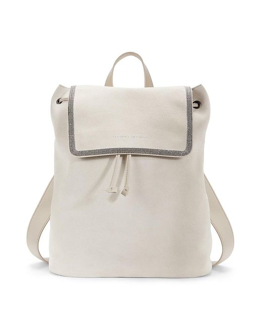 Brunello Cucinelli Beaded-trim Suede Backpack in Sand (Natural) | Lyst
