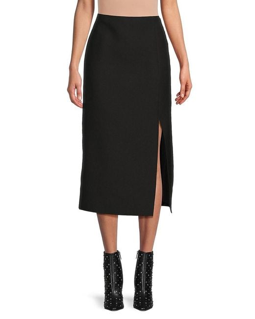 Valentino Side Slit Wool Blend Midi Skirt in Black | Lyst