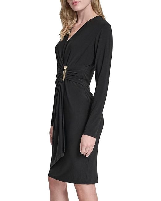 DKNY Black Surplice Knee-Length Minidress
