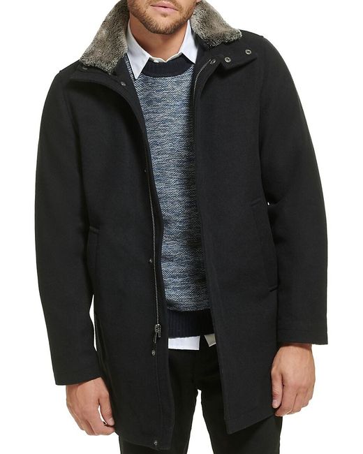 Calvin Klein Black Urban Walking Faux Fur Trim Wool Blend Overcoat for men