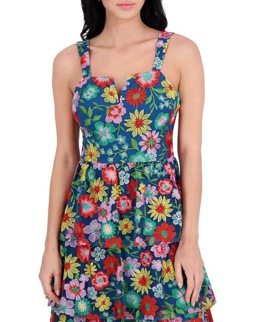 Kensie Blue Floral Embroidery Tiered Fit-&-Flare Midi-Dress