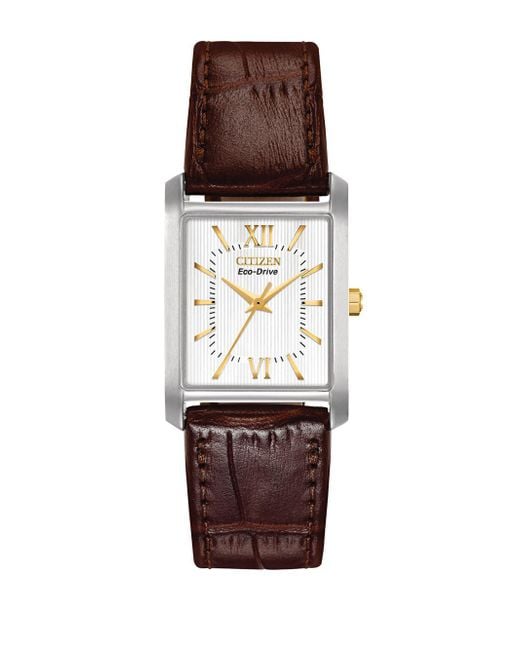 Citizen Brown Eco-drive Stainless Steel And Embossed Leather Rectangular Watch