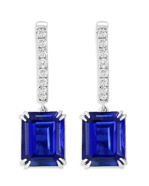 Effy 14k White Gold, Lab Grown Sapphire & 0.31 Tcw Lab Grown Diamond Huggie Drop Earrings