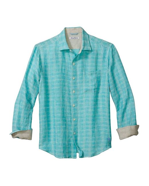 Tommy Bahama Blue Plaid Linen Sport Shirt for men