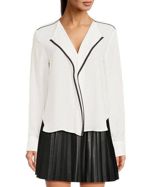 DKNY White Long Sleeve V-neck Contrast-trim Blouse